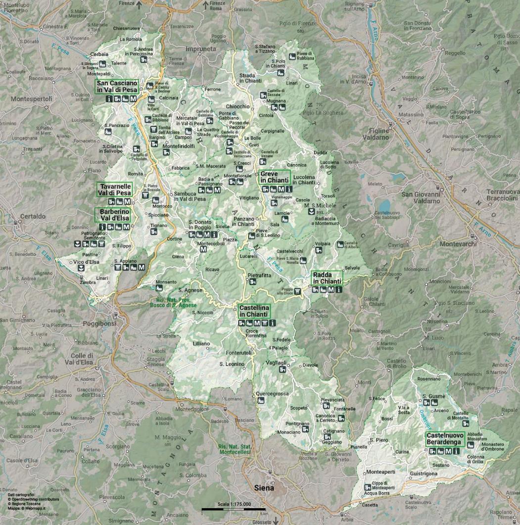 Mapa regionu Chianti, Toskania (źródło: OpenStreetMap, Regione Toscana, Webmapp.it)