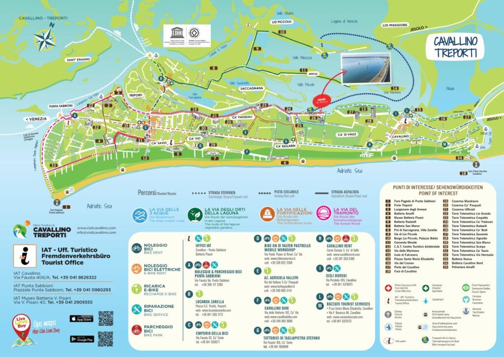mapa tras rowerowych i wypożyczalni rowerów na półwyspie Cavallino – Treporti, Włochy (źródło: visitcavallino.com)