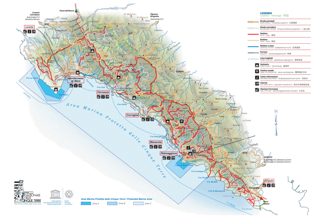Mapa tras (ścieżek) pomiędzy miasteczkami Cinque Terre
