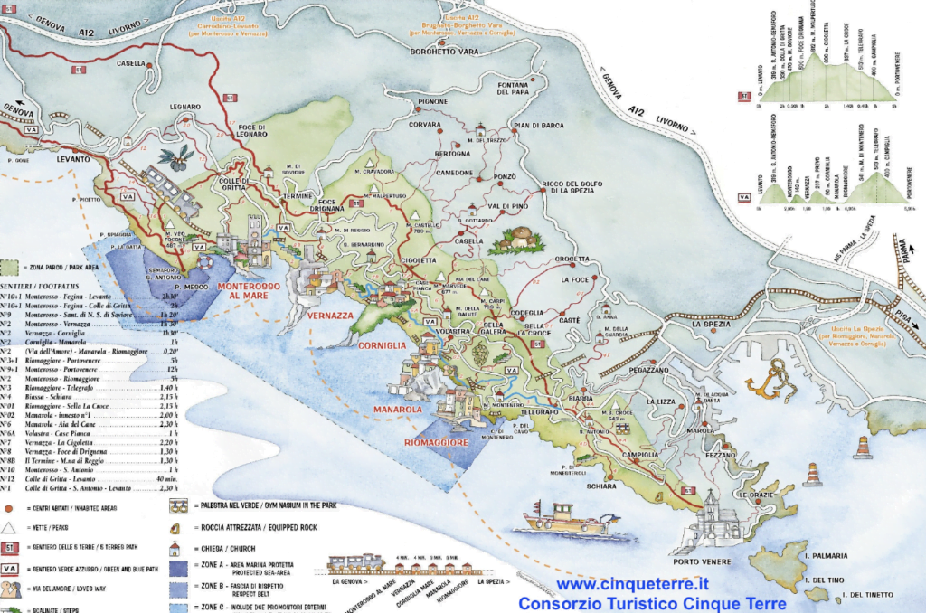 Mapa miasteczek w Cinque Terre we Włoszech