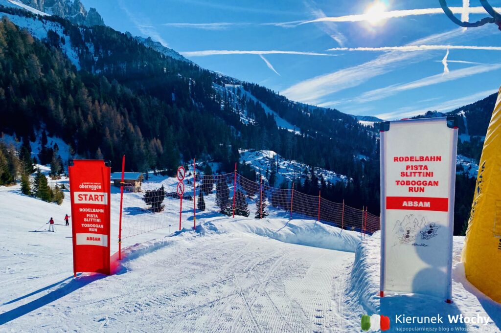 początek toru saneczkowego "Absam" o długości 750 metrów, ośrodek narciarski Obereggen Latemar, Południowy Tyrol, Włochy (fot. Łukasz Ropczyński, kierunekwlochy.pl)