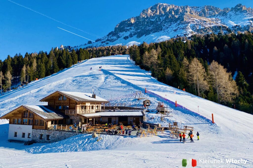 na pierwszym planie Epircher-Laner Alm na wysokości 1830 m n.p.m., ośrodek narciarski Obereggen Latemar, Południowy Tyrol, Włochy (fot. Łukasz Ropczyński, kierunekwlochy.pl)