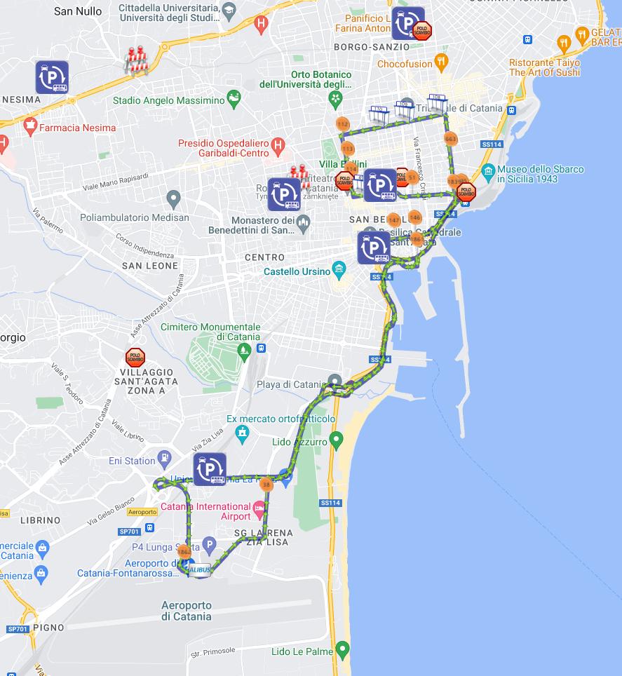 najlepszy sposób na dojazd z lotniska Katania Fontanarossa do centrum miasta to autobus Alibus w cenie 4 euro - mapa przystanków na grafice powyżej