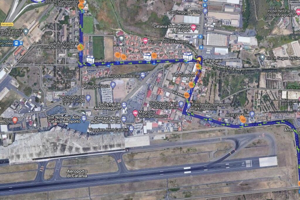 mapka obrazująca przejazd autobusu linii 538 w pobliżu lotniska, jak dojechać z lotniska w Katanii do centrum miasta (źródło: AMTS Catania)