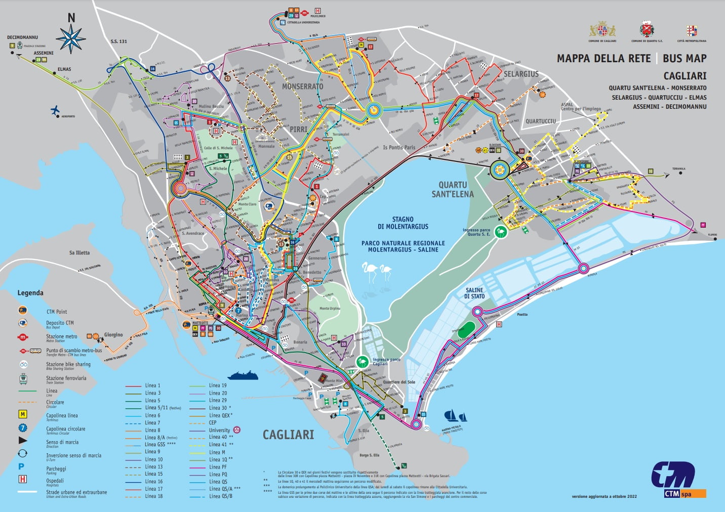 mapa linii autobusowych komunikacji miejskiej w Cagliari (źródło: CTM Cagliari)