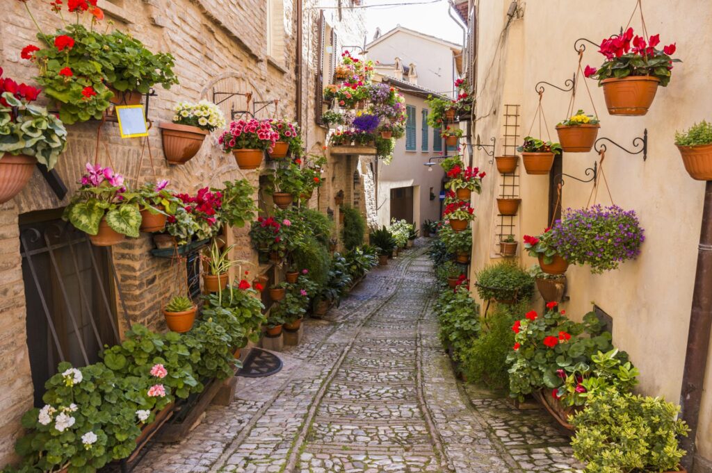 średniowieczne Spello słynie z dużej ilości kwiatów i zieleni, które zdobią uliczki miasteczka