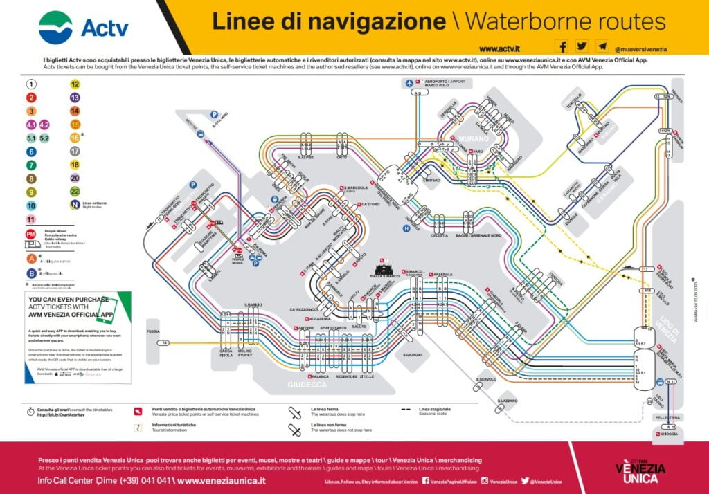Wenecja - mapa linii tramwajów wodnych (źródło: ACTV Venezia)