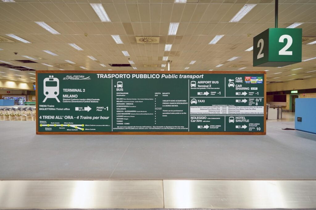 tablica na lotnisku z informacjami jak dojechać z lotniska Mediolan Malpensa do centrum miasta (fot. Evgeny Trofimov)