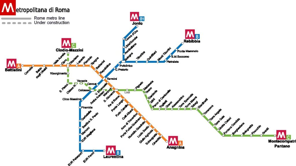 metro Rzym – mapa linii metra w Rzymie według stanu na listopad 2023 r.
