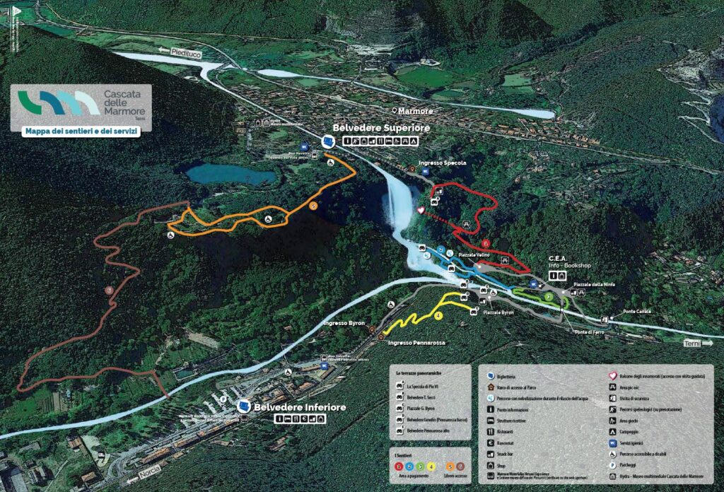 Cascata delle Marmore - mapa tras wokół wodospadu (źródło: cascatadellemarmore.info)