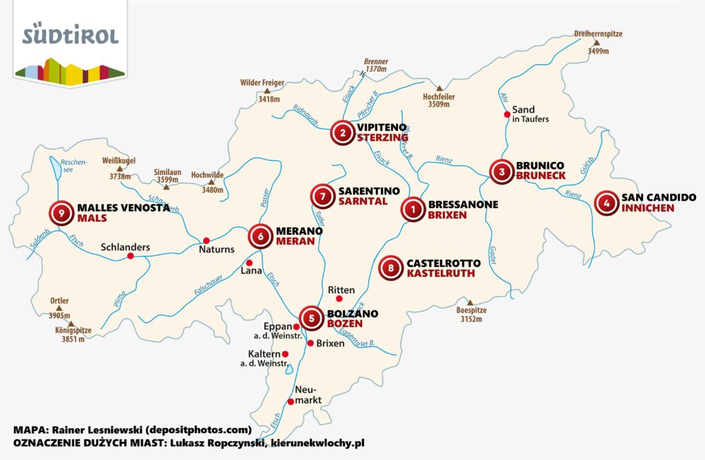 Południowy Tyrol / Südtirol - mapa, na której zaznaczyłem najpiękniejsze miasta regionu i atrakcje wokół (źródło: oryginalna mapa Rainer Lesniewski, depositphotos.com; naniesione zmiany: Łukasz Ropczyński, kierunekwlochy.pl)