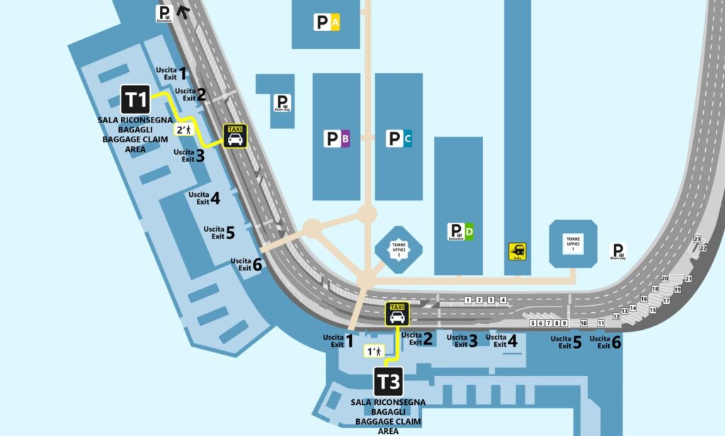 Jak dojechać z lotniska Rzym Fiumicino do centrum miasta? Mapa lotniska (źródło mapy: ADR / Aeroporti di Roma)