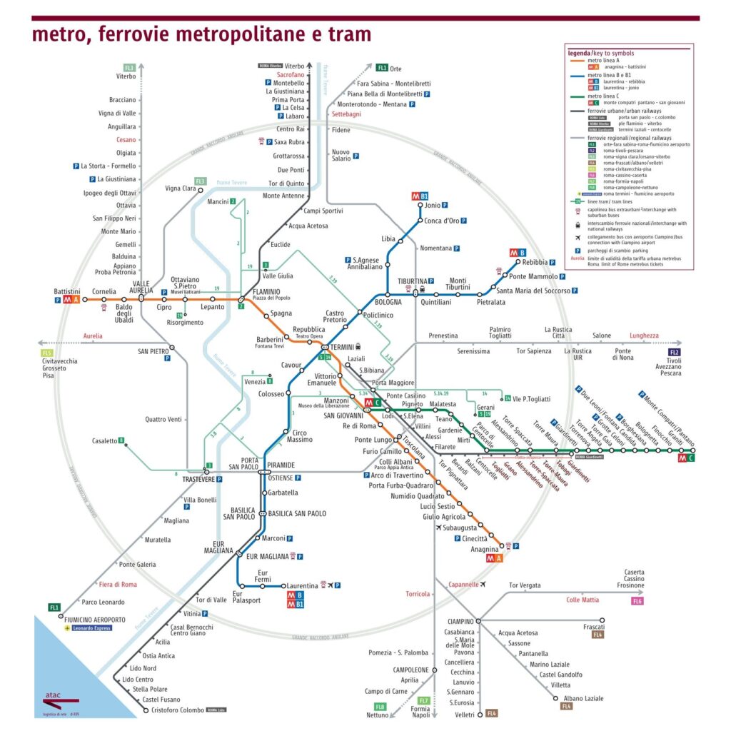 mapa metra w Rzymie i miejskich linii kolejowych (źródło: ATAC Roma)