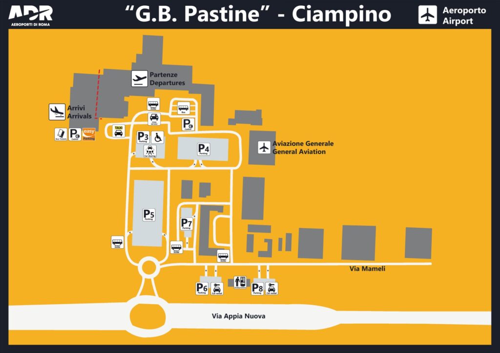 Jak dojechać z lotniska Rzym Ciampino do centrum miasta? Mapa lotniska (źródło mapy: ADR / Aeroporti di Roma)