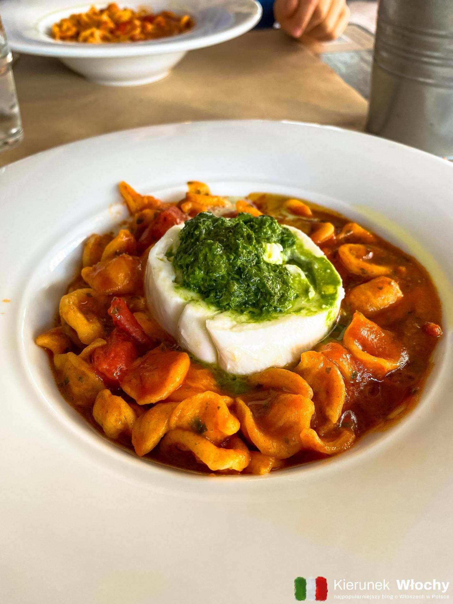 orecchiette z sosem pomidorowym i bazylią oraz burrata w restauracji w Bari (fot. Łukasz Ropczyński, kierunekwlochy.pl)